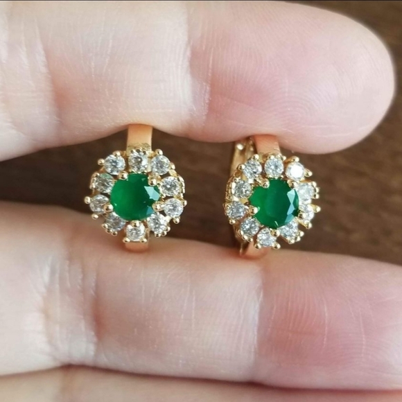 New 18K Gold Plated Round Cut Emerald Diamond Hoop Earrings for Women - Picture 4 of 11